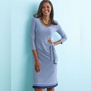 Talbots Blue Sheath Dress with V-Neck and 3/4 Sleeves